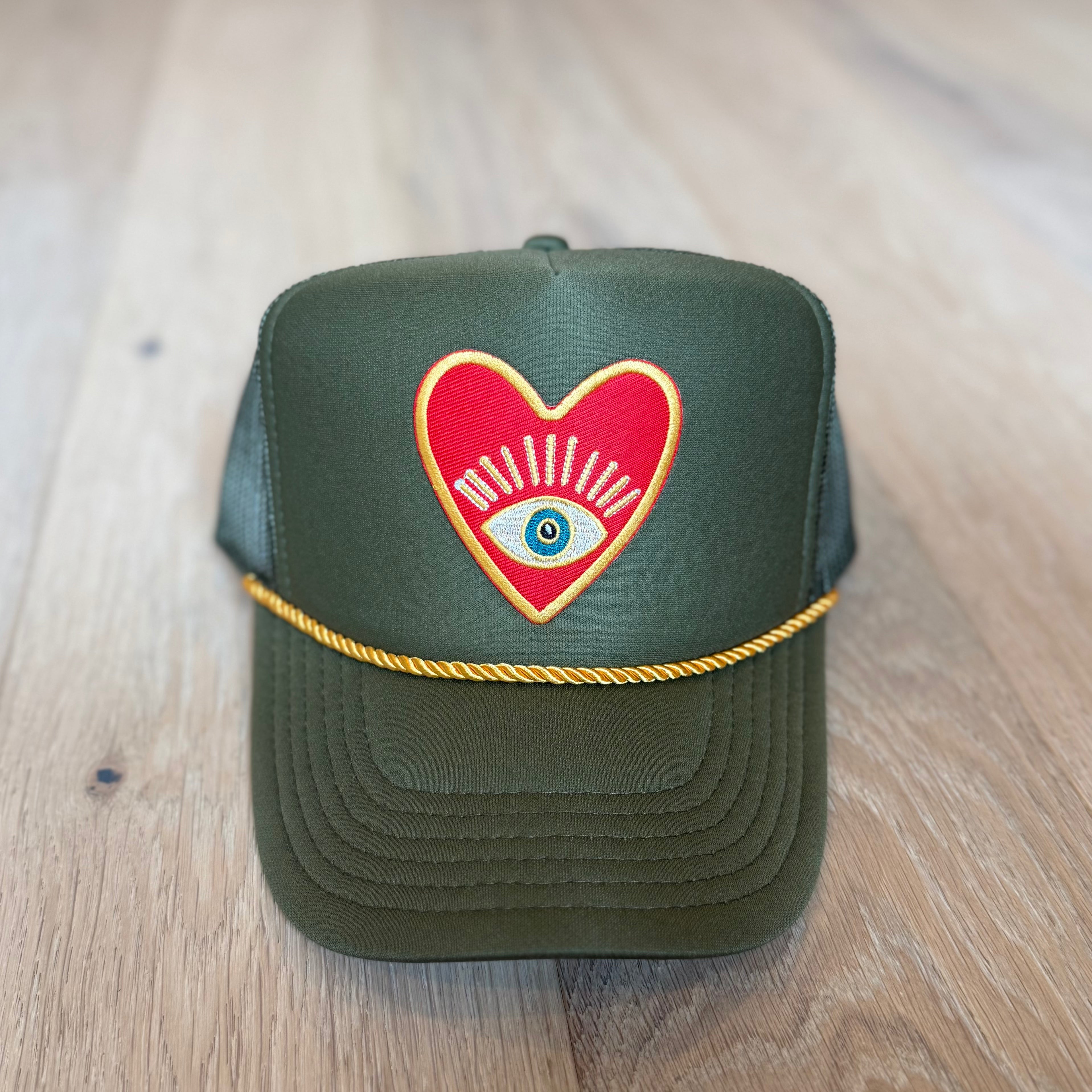 New Custom Designed Brown and Tan Mesh Trucker Hat with Hamsa & Evil Eye RIVEMUG Hamsa Hand Nazar Evil Eye Embroidered Flat Bill  main image 2